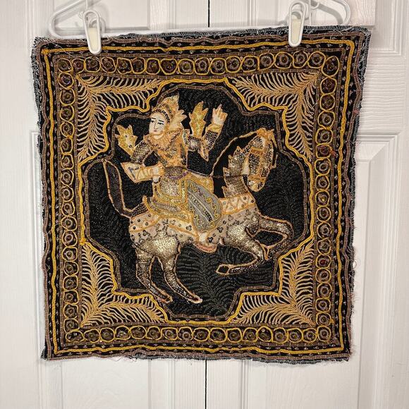 Antique Burmese Kalaga Embroidered Hand Sewn Horse Tapestry Flawed - Picture 3 of 14